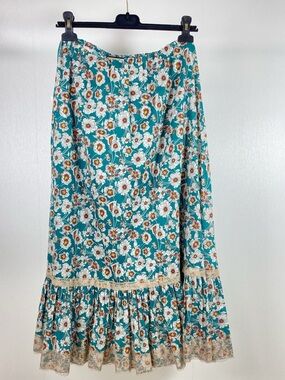 🚩steal mGucci Teal Floral Maxi Skirt with Lace Trim